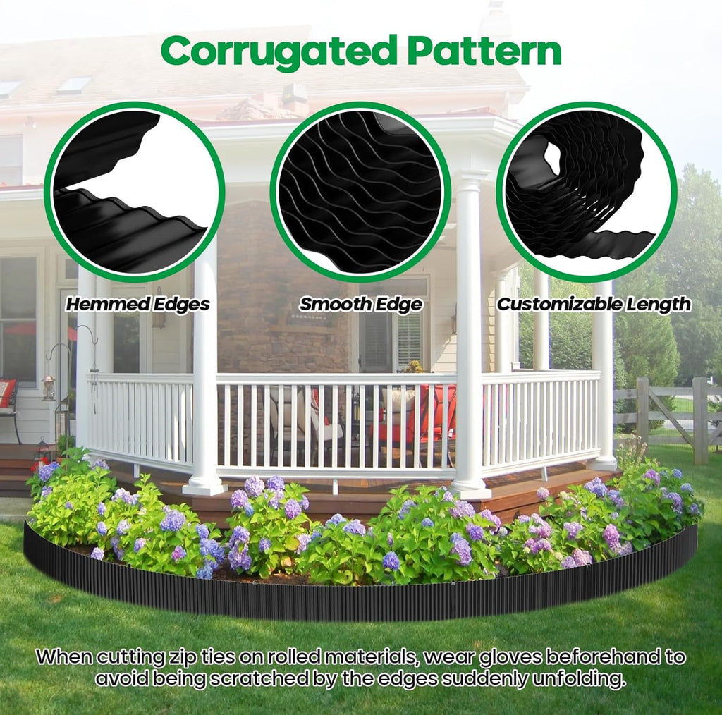 Corrugated Metal Garden Edging, Sturdy Tall Landscape Edging Borders, Perfect DIY for Flower Beds, Lawn and Pathway, Tree Surrounds, Paver Edges (Black, 6"×20FT)