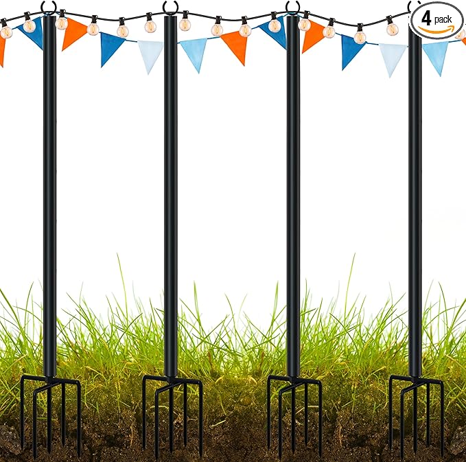 LAND·VOI Metal String Light Poles for Outside Hanging - Backyard, Garden, Patio, 4 Pack Lighting Stand with Adjustable Height for Outdoor Parties, Wedding, Extra-Long 5-Prong Claws, (9.6FT) FLP04B
