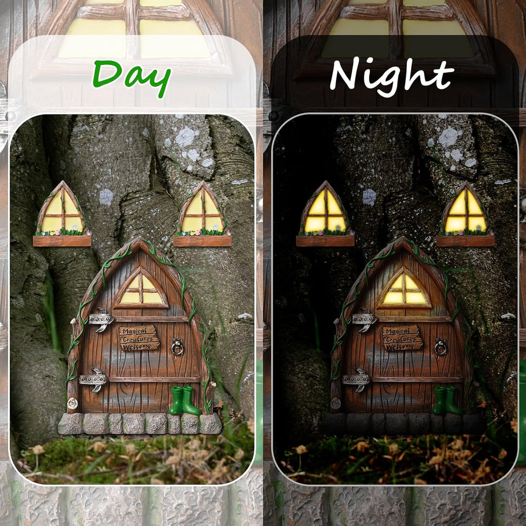 Resin Fairy Door and Window for Trees,Glow in The Dark,Miniature Fairy Garden Accessories,Garden Outdoor Decor for Trees,Gnomes House，Elf House