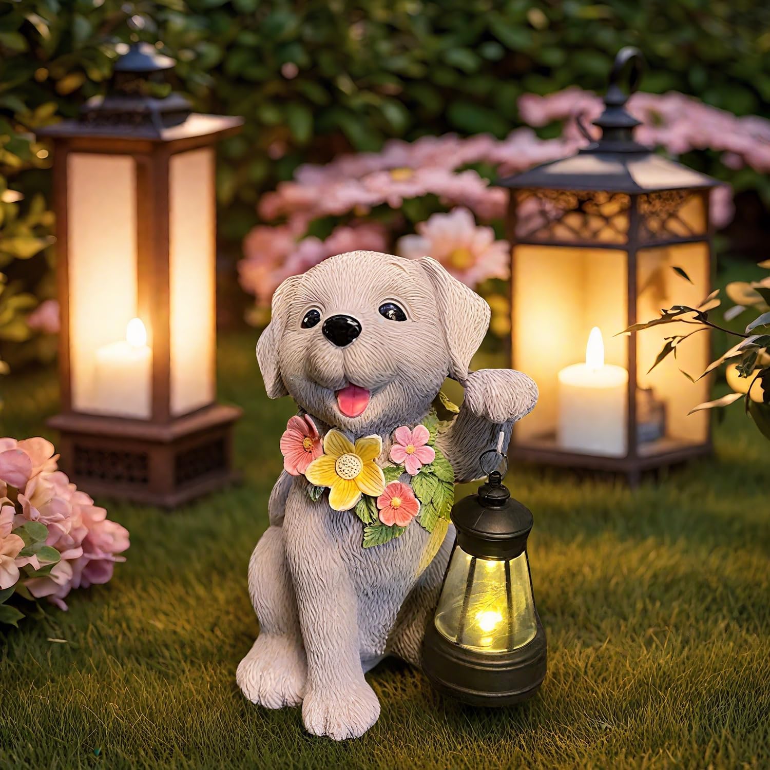 Solar Dog Statue for Garden, Dogs Solar Light with Lantern, Outdoor Cute Dog Statues for Yard, Lawn, Patio Decoration, Birthday, Housewarming, Gardening Gifts for Women