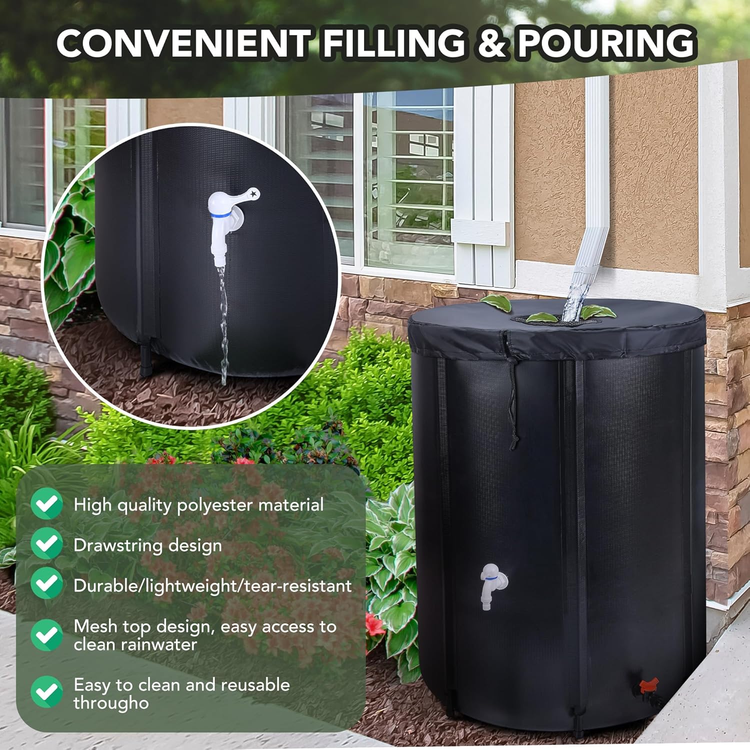 100 Gallon Rain Barrel - Portable Rain Water Collection Barrel - Large Collapsible Water Storage Tank with Spigot Overflow Kit, Black