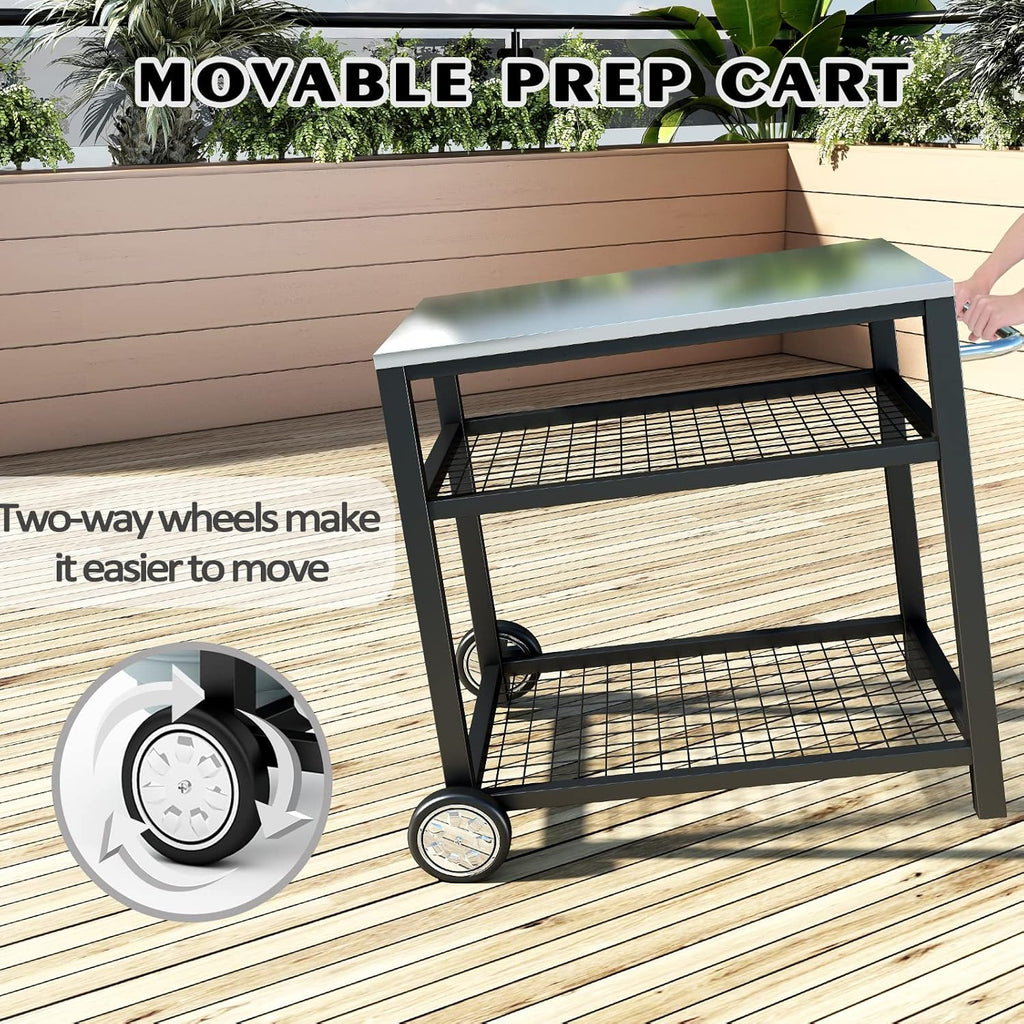 Movable Food Prep and Work Table Stainless Steel Grill Cart Modular Table with Wheels and Handle Double-Shelf Commercial Kitchen Tables Heavy Duty Pizza Oven Stand Outdoor