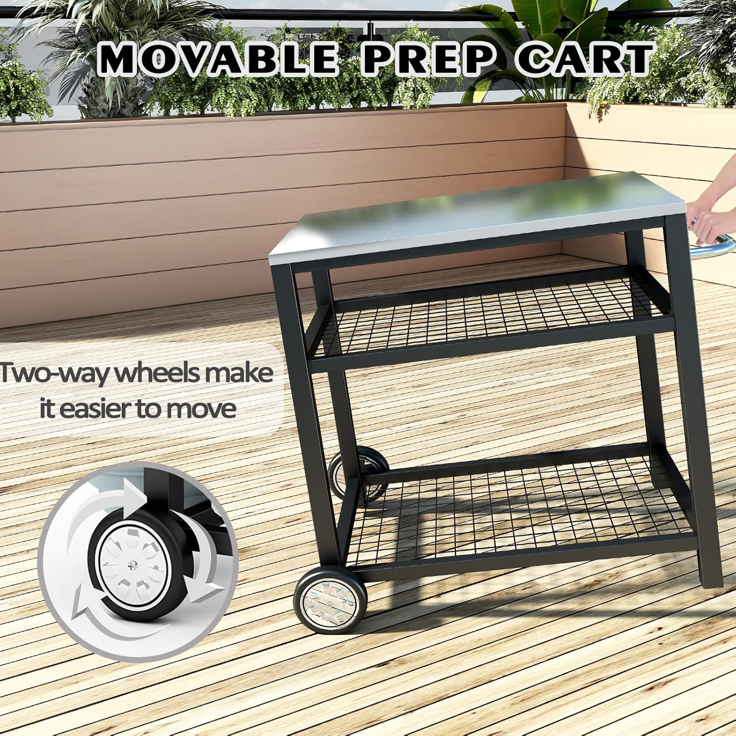 Movable Food Prep and Work Table Stainless Steel Grill Cart Modular Table with Wheels and Handle Double-Shelf Commercial Kitchen Tables Heavy Duty Pizza Oven Stand Outdoor