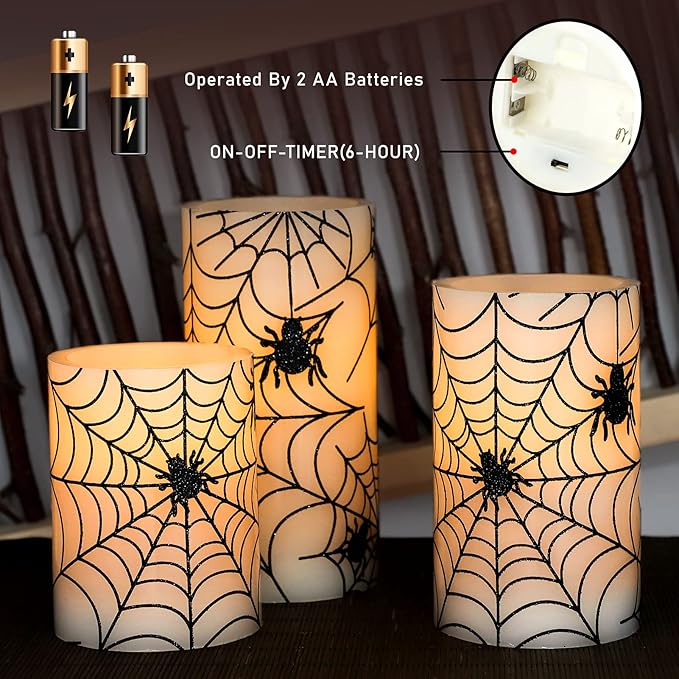 Spider Web Decor Flameless Candles Battery Operated with Remote Timer Haunted House Spooky Decorations Set of 3 Real Wax Black LED Flickering Candles Decorative for Halloween Decor Party
