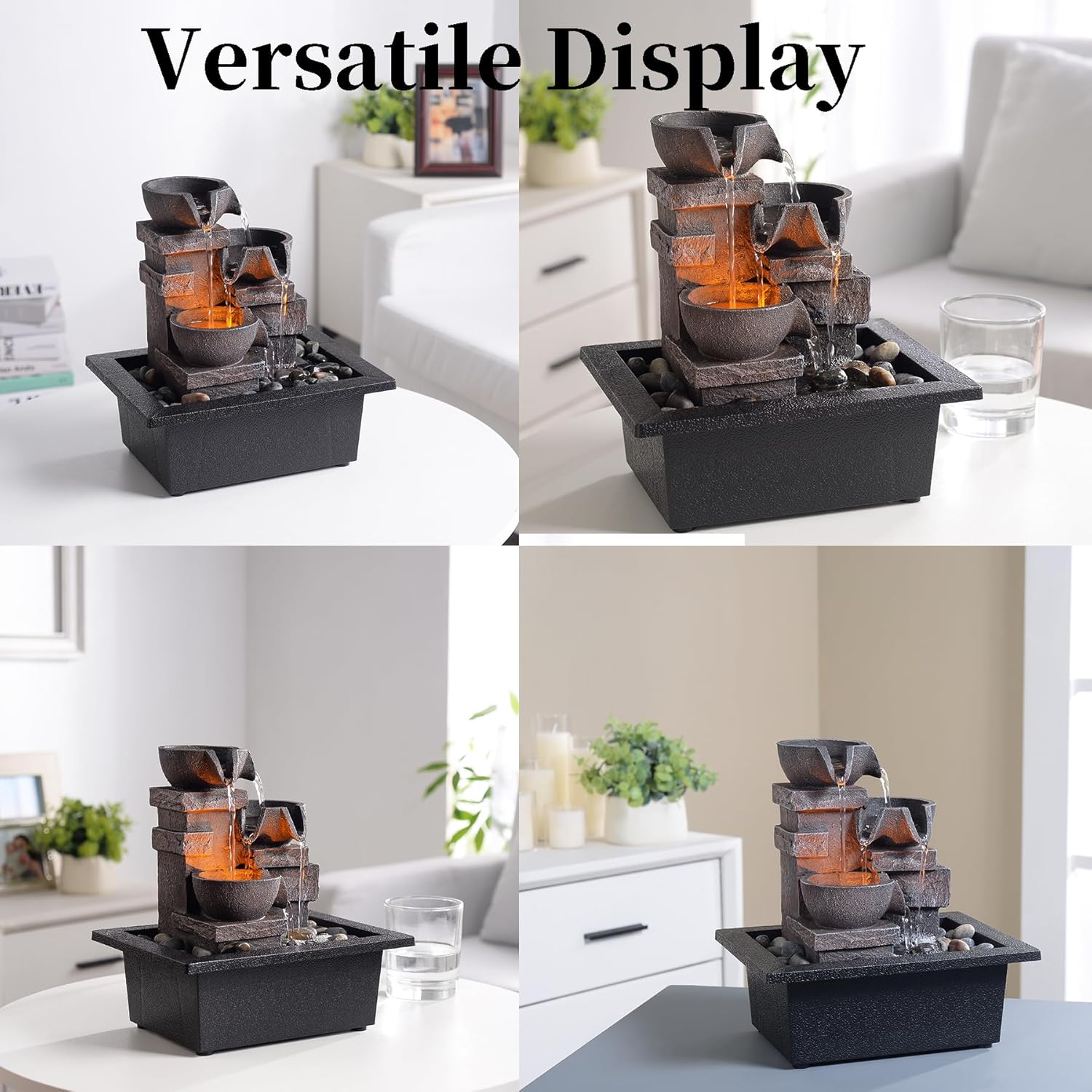 Indoor Fountain 3-Bowl Rockery Soothing Sound Tabletop Fountains Home/Office Decor with Natural River Rocks LED Lights Automatic Watering Pump(22044A)