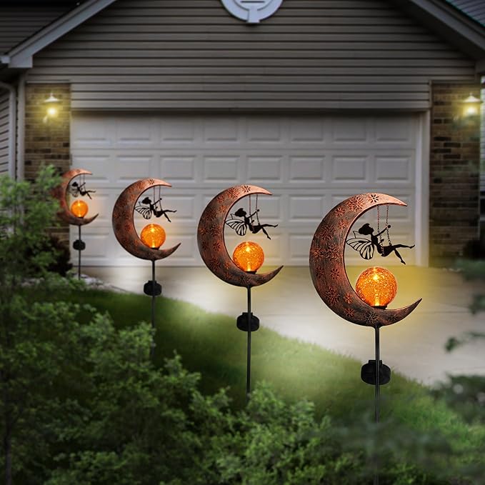 TERESA'S COLLECTIONS Solar Lights Outdoor for Garden Decor, 39" Metal Moon Fairy Pathway Light Garden Statues with Crackle Glass for Patio Decor,Lawn Ornaments Yard Art for Outside, Gift for Christmas