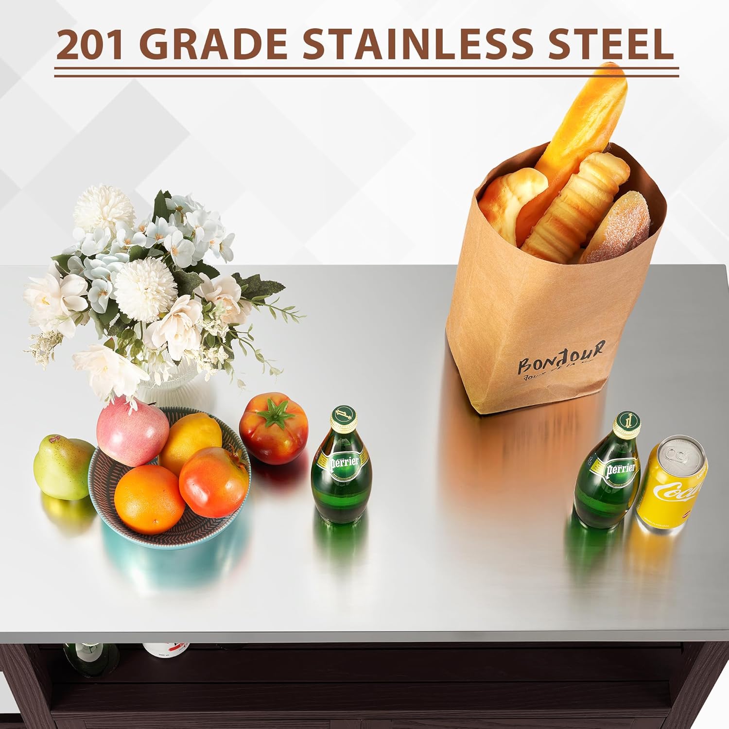 Spurgehom Outdoor Grill Table Solid Wood Storage Cabinet, Rolling Kitchen Island, Movable Bar Cart with Stainless Steel Top for Outside Patio, Backyard, Garden (Two Doors)