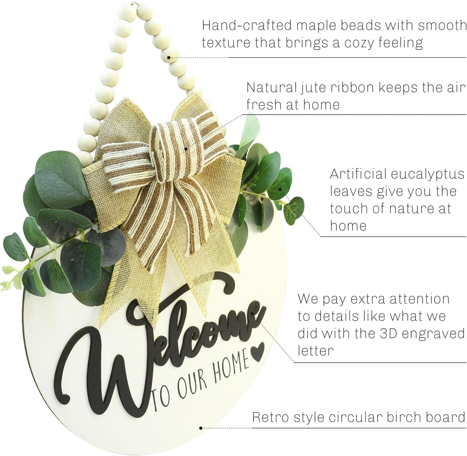 3D Welcome Sign for Front Door |Home/Farmhouse Porch Décor Wooden Hanging Sign with Artificial Leaves and Rustic Beads | Christmas Classroom |12" Round|White