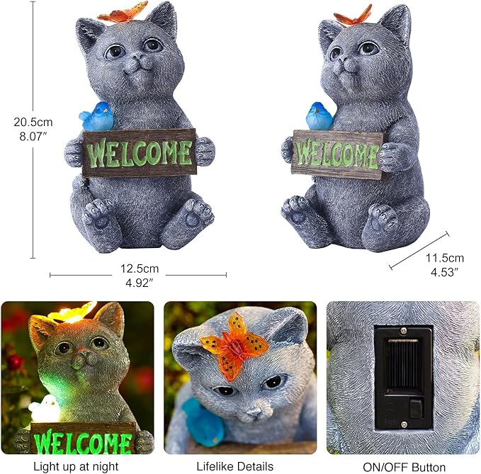 Goodeco Solar Cat with Welcome Sign - Outdoor Cat Statue with Solar Butterfly & Bird Lights - Perfect Cat Decor for Cat Lovers, Ideal Housewarming Gifts for Women & Moms (Gray)