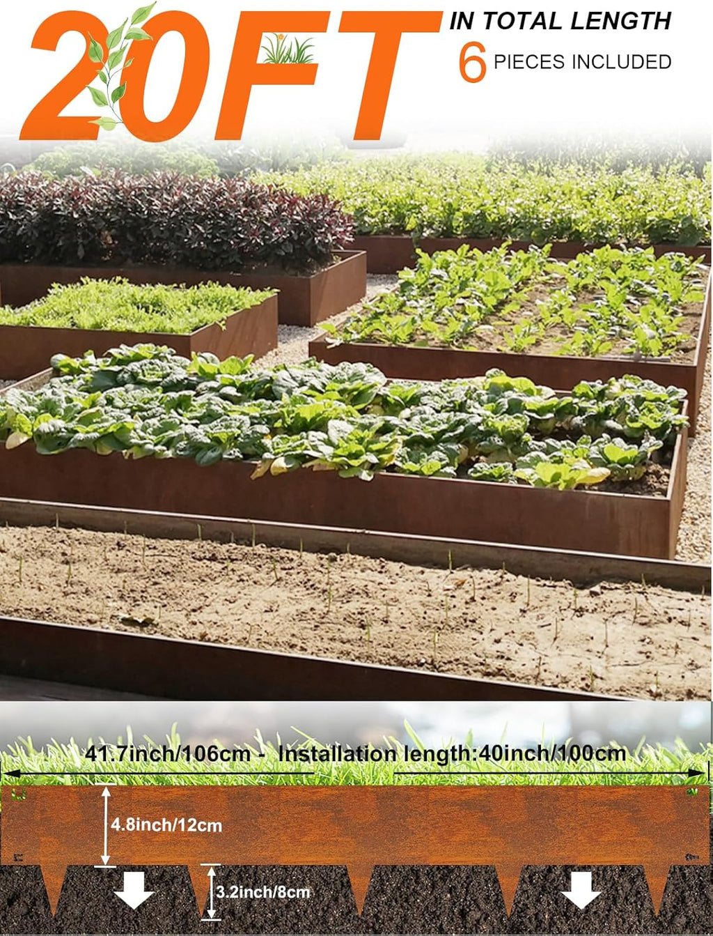 Vinci Landscape Edging Border, 40" L x 8" H 6Pack 20FT Total Rusted Corten Steel Garden Edging,Easy Installation,Sturdy Elegant Metal Lawn Broder for Flower Beds, Pathways, Paver Edges and Yard