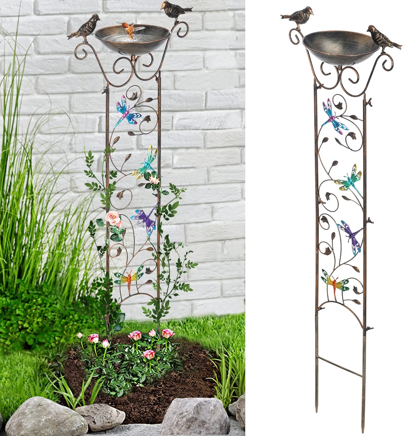 LEWIS&WAYNE Garden Trellis Bird Bath Outdoor, 40 Inch Antique Iron Garden Plant Trellis Decorative with Dragonfly and Detachable Drinking Basin Bowl, Free Standing BirdBath Birdfeeder Station