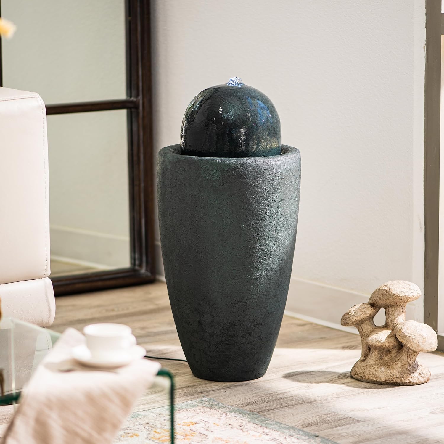 XBrand 25.98" H Round Stone Indoor/Outdoor Modern Stone Textured Sphere Water Fountain w/LED Lights Dark Green