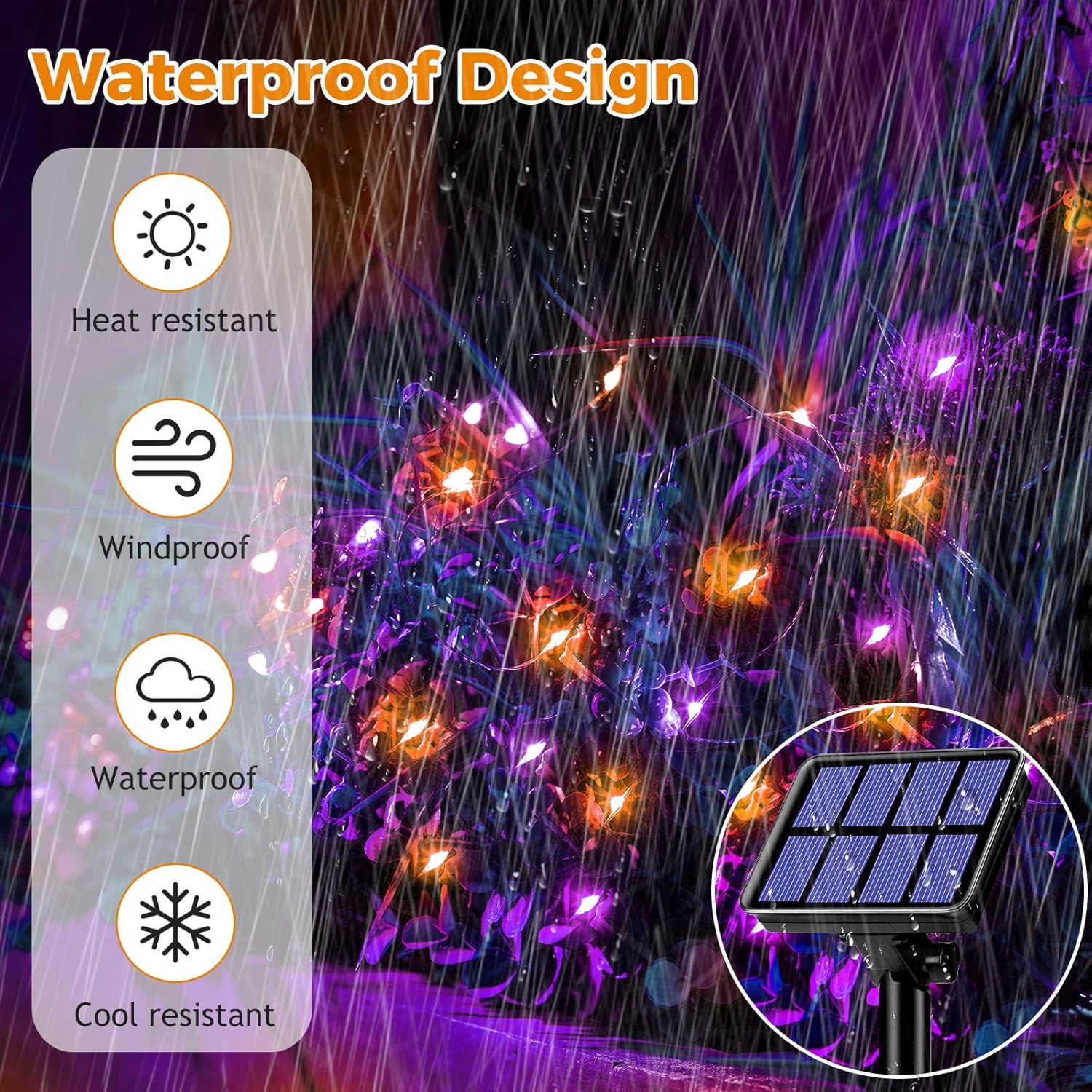 btfarm Solar Halloween String Lights Outdoor, 80LED 33FT Orange Purple Solar Fairy Lights Outside Waterproof, 8 Modes Solar Powered Twinkle Lights for Tree Garden Patio Halloween Party Decorations