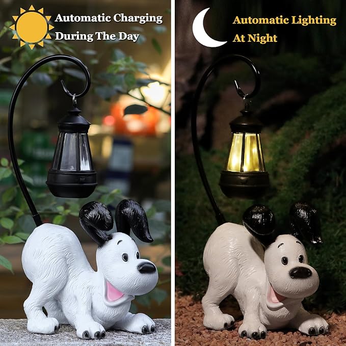 Laughing Dog Figurine with Solar-Powered LED Light 15.9 Inches Tall Perfect for Gift Garden Decor or Housewarming for Dog Lovers White