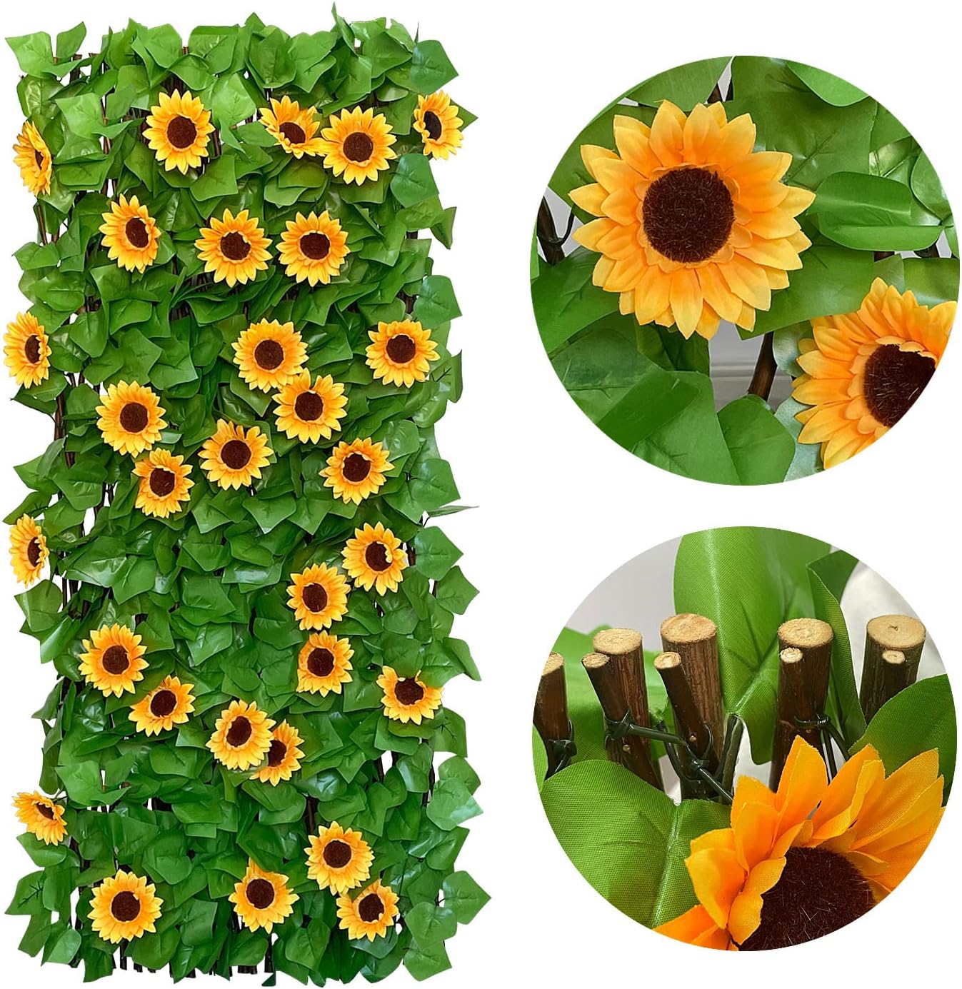 Expandable Fence Privacy Screen for Balcony Patio Outdoor,Decorative Faux Ivy Fencing Panel,Artificial Hedges (Single Sided Leaves) (2, Sunflowers)