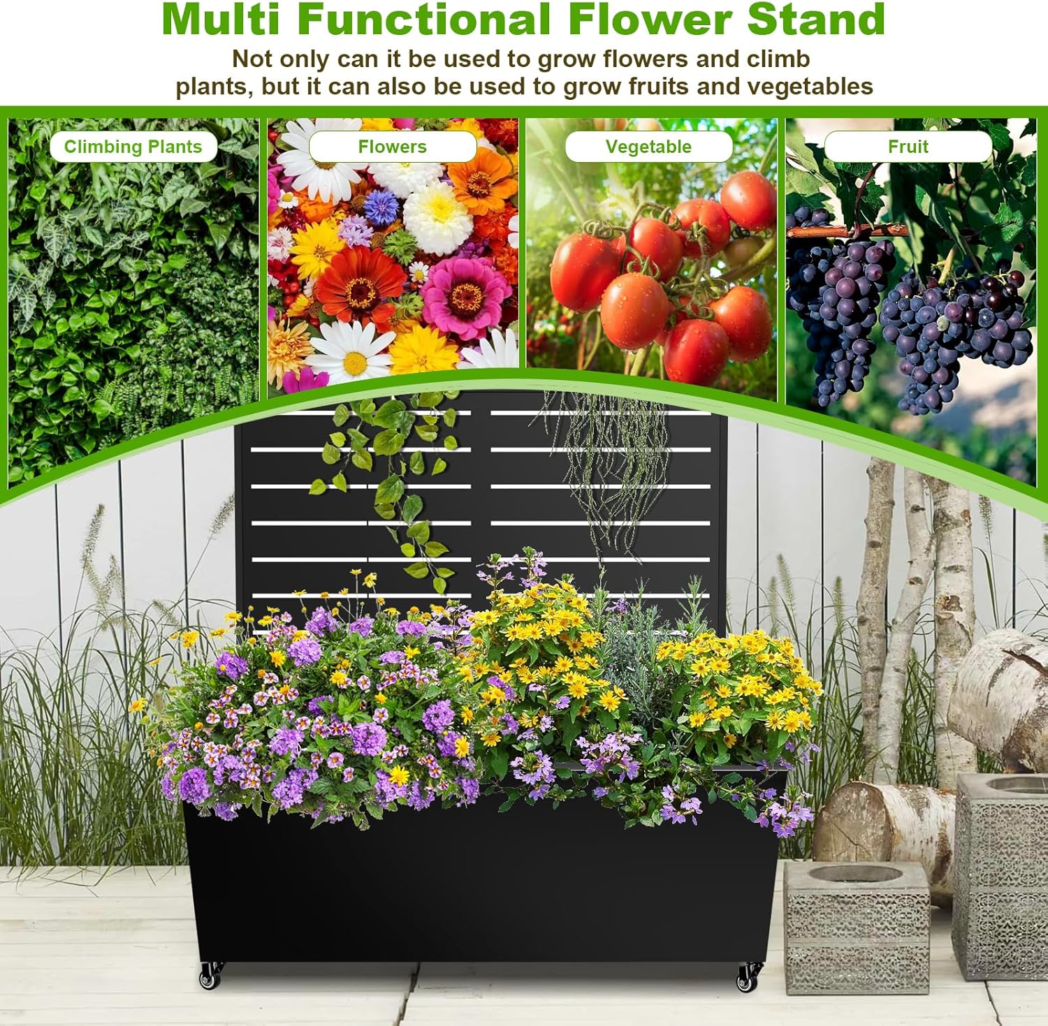 Metal Planter Box with Trellis, 72"x35"x16" Metal Raised Garden Bed with Trellis, Trellis Planter Box with Drainage Holes & Lockable Casters for Climbing Plants, Vegetables, and Vines