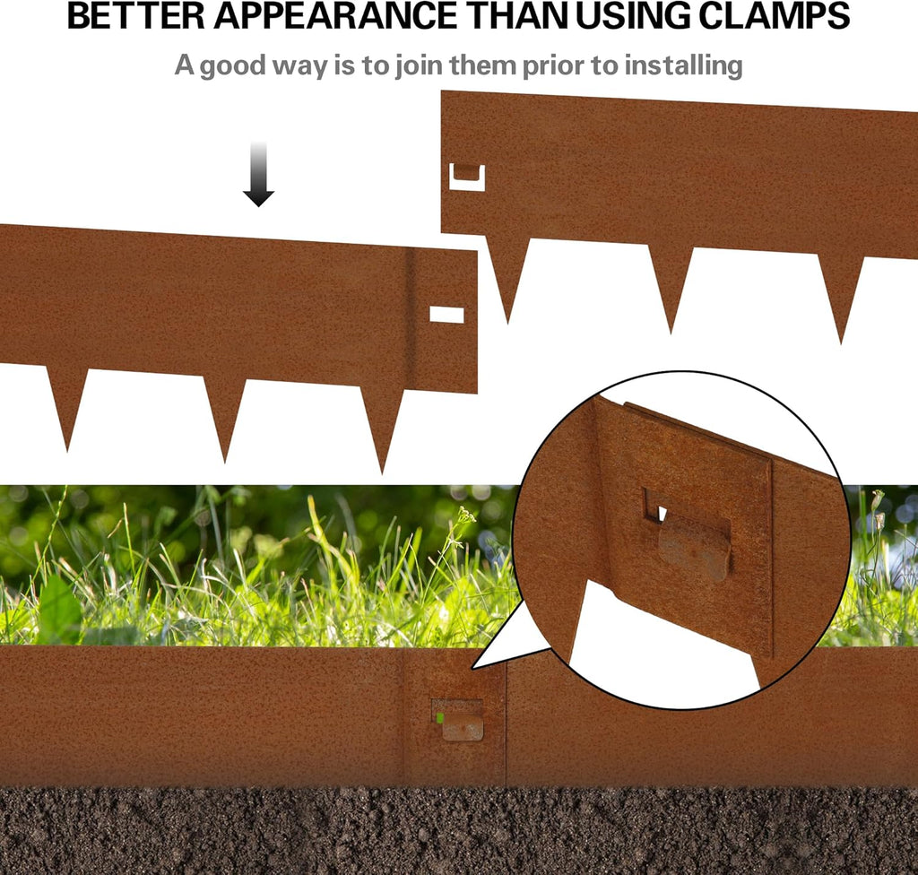 Worth Garden 6-Pack 8" H. Corten Steel Landscape Lawn Edging (20Ft Total) - Rust Patina Finish 18-Gauge Bendable Metal Strips - Hammer-in Edging Border - Buckle Connection - Yard Pathway Divider