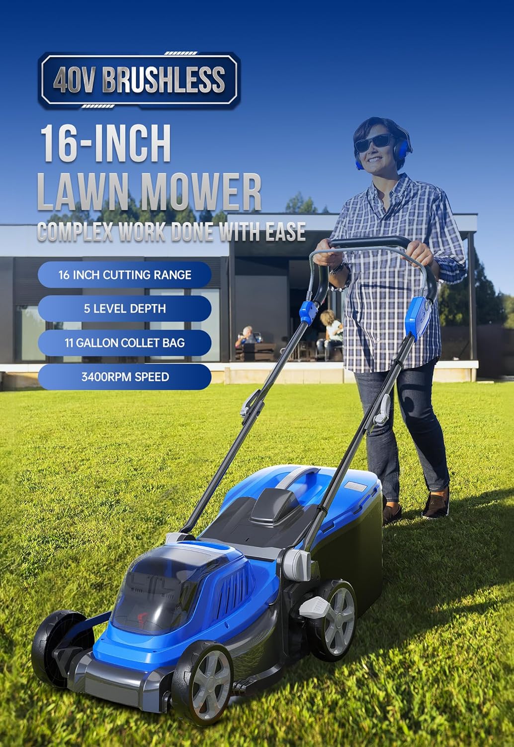 WILD BADGER POWER Lawn Mower 40V Brushless 16" Cordless, 5 Cutting Height Adjustments, Electric Lawn Mower, Quickly Folding Within 5’s, 20V*2 4.0AH Battery and Super Charger Included.