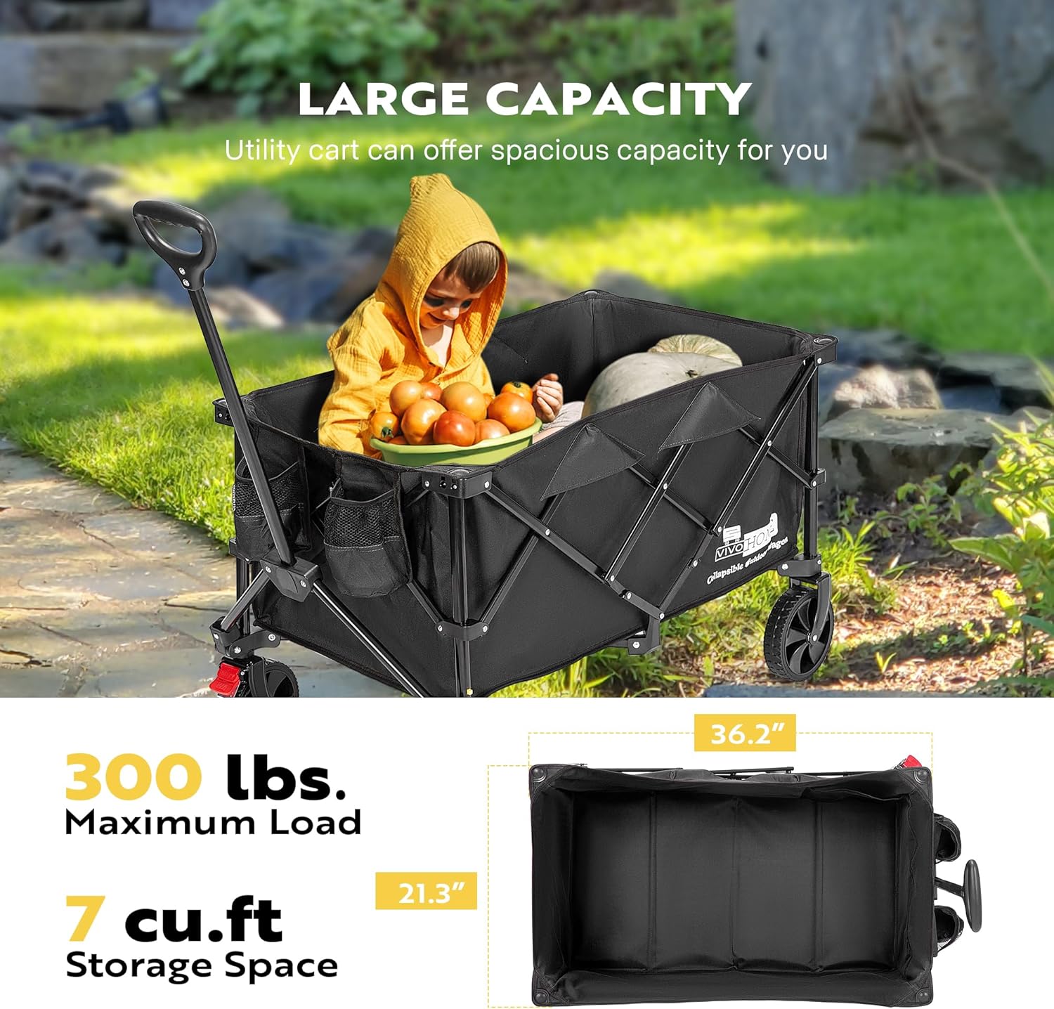 VIVOHOME 200L Collapsible Wagon 300lbs Heavy Duty Folding Utility Garden Cart Foldable Beach Wagons Large Capacity for Camping Picnic - Black