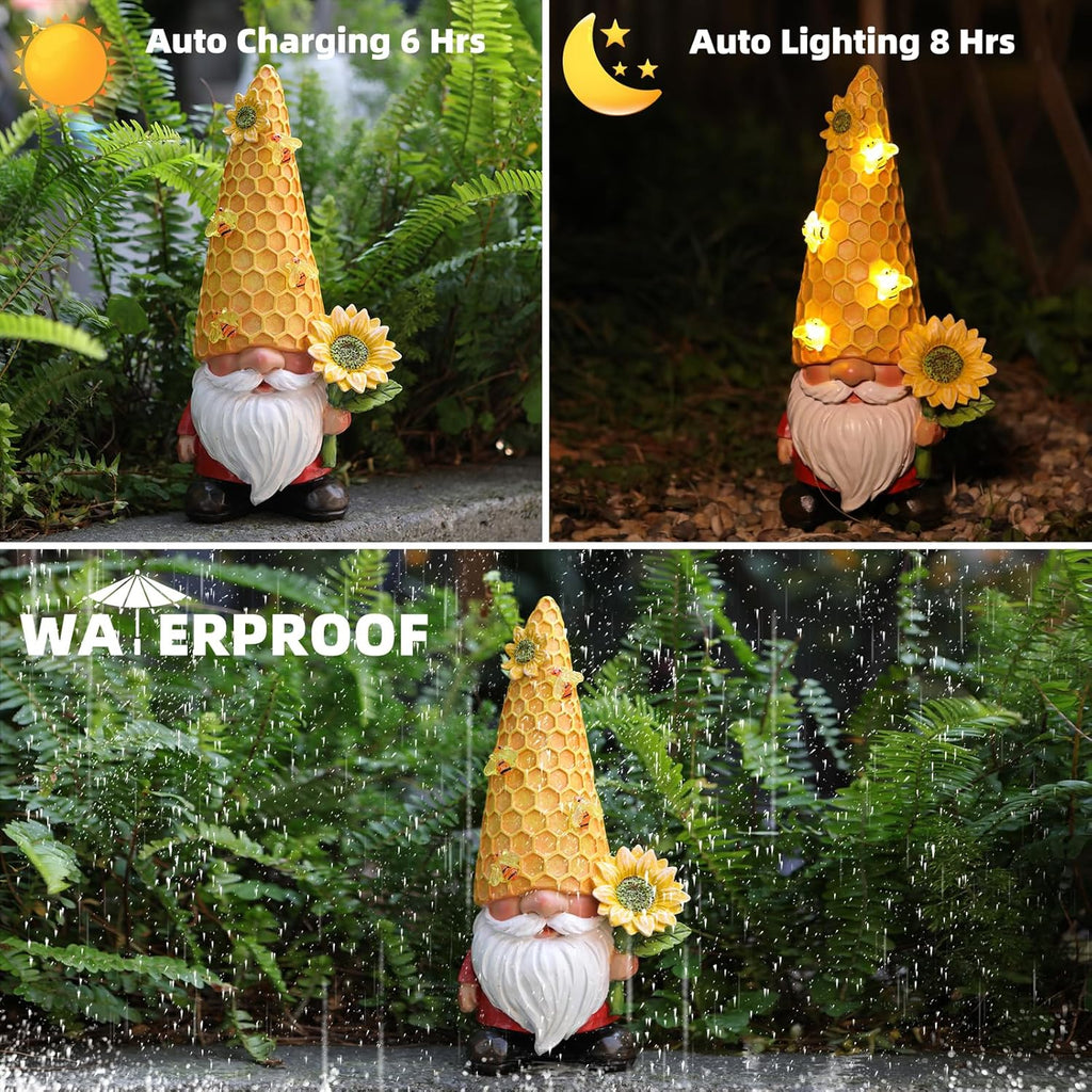 Solar Gnome Garden Decor Outdoor Statue - Gnome Sunflower LED Waterproof Sculptures Lights, Gnome Pond/Yard Statues Outside Decoration, Home, Lawn, Patio, Resin Animal Ornament, Women/Gardening Gift