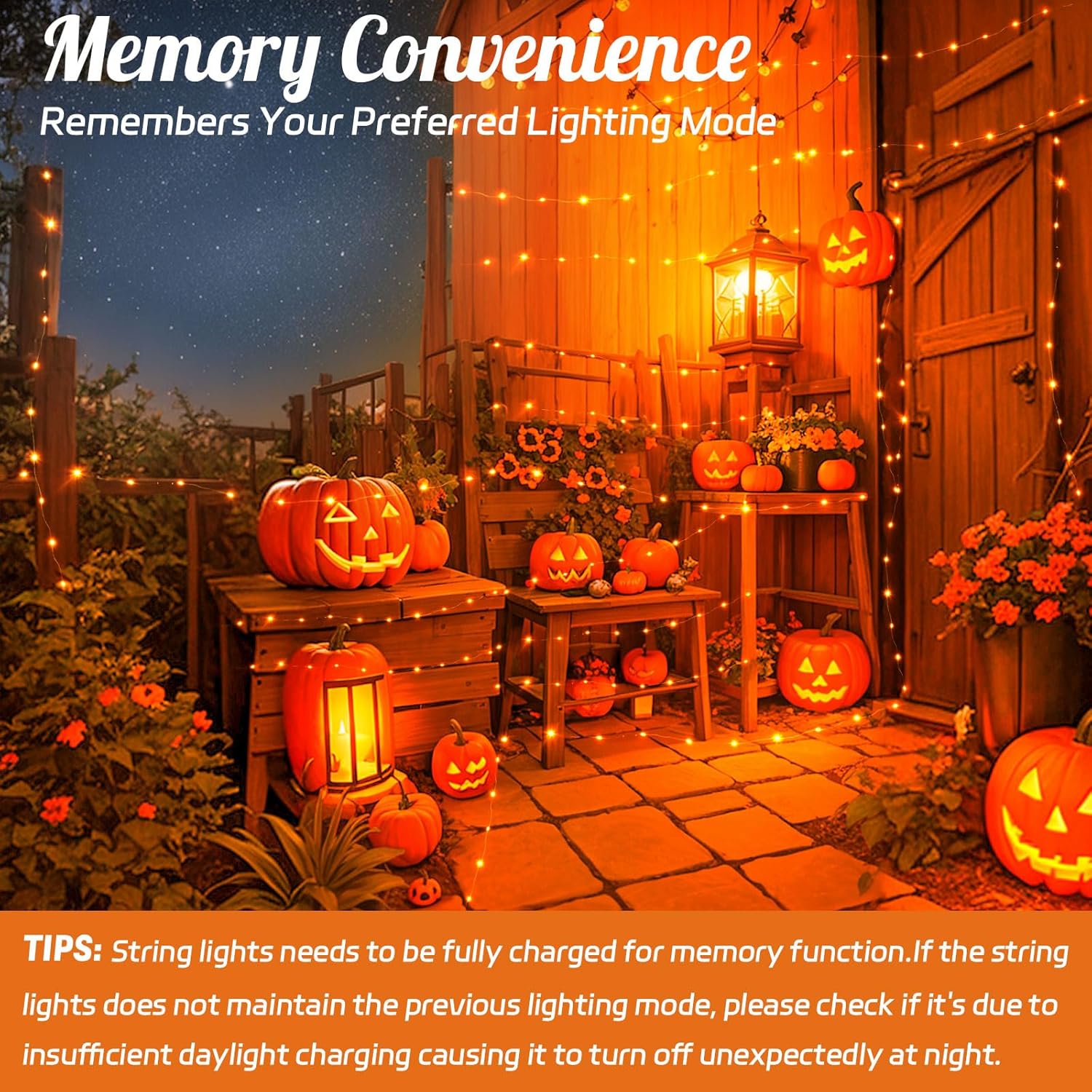 Halloween String Lights Outdoor Waterproof, Solar Fairy Lights 16.4ft 50LED 8 Modes Orange Halloween Lights for Yard Outside Pathway Patio Party Backyard Decorations