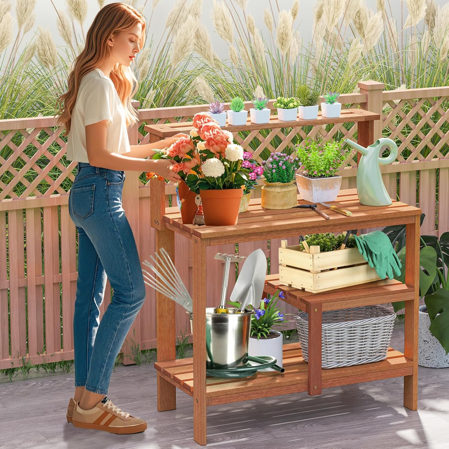 Happygrill Potting Bench Table, Outdoor Wood Work Bench with Storage, Open Shelves & Teak Oil Finish, Patio Horticulture Garden Table for Backyard, Balcony, Natural