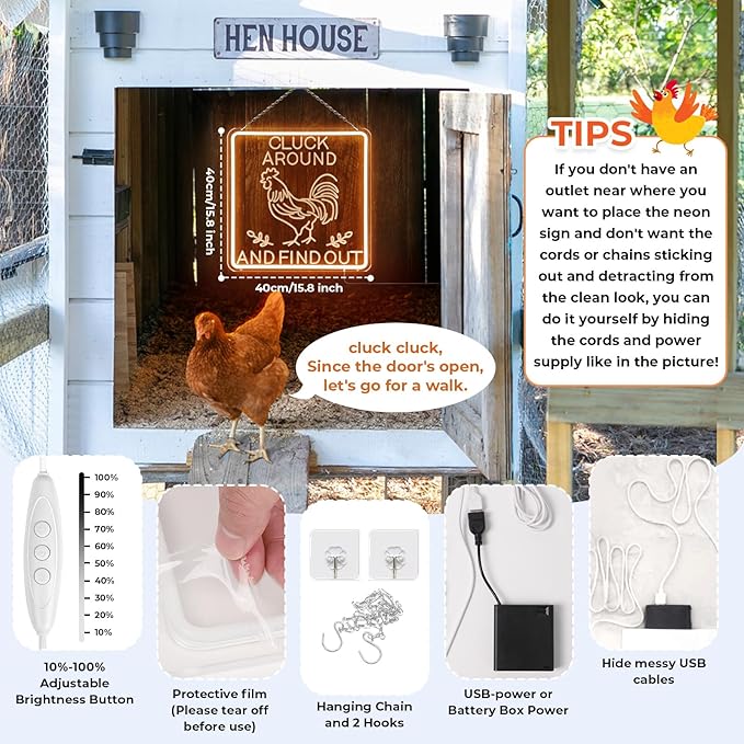 Funny Cluck Around and Find Out Large Neon Sign Dimmable, Rooster Decor 16 X 16 Inch Kitchen Decor for Farmhouse, Chicken Coop, Garden, Farm House Decoration, Rooster Gifts