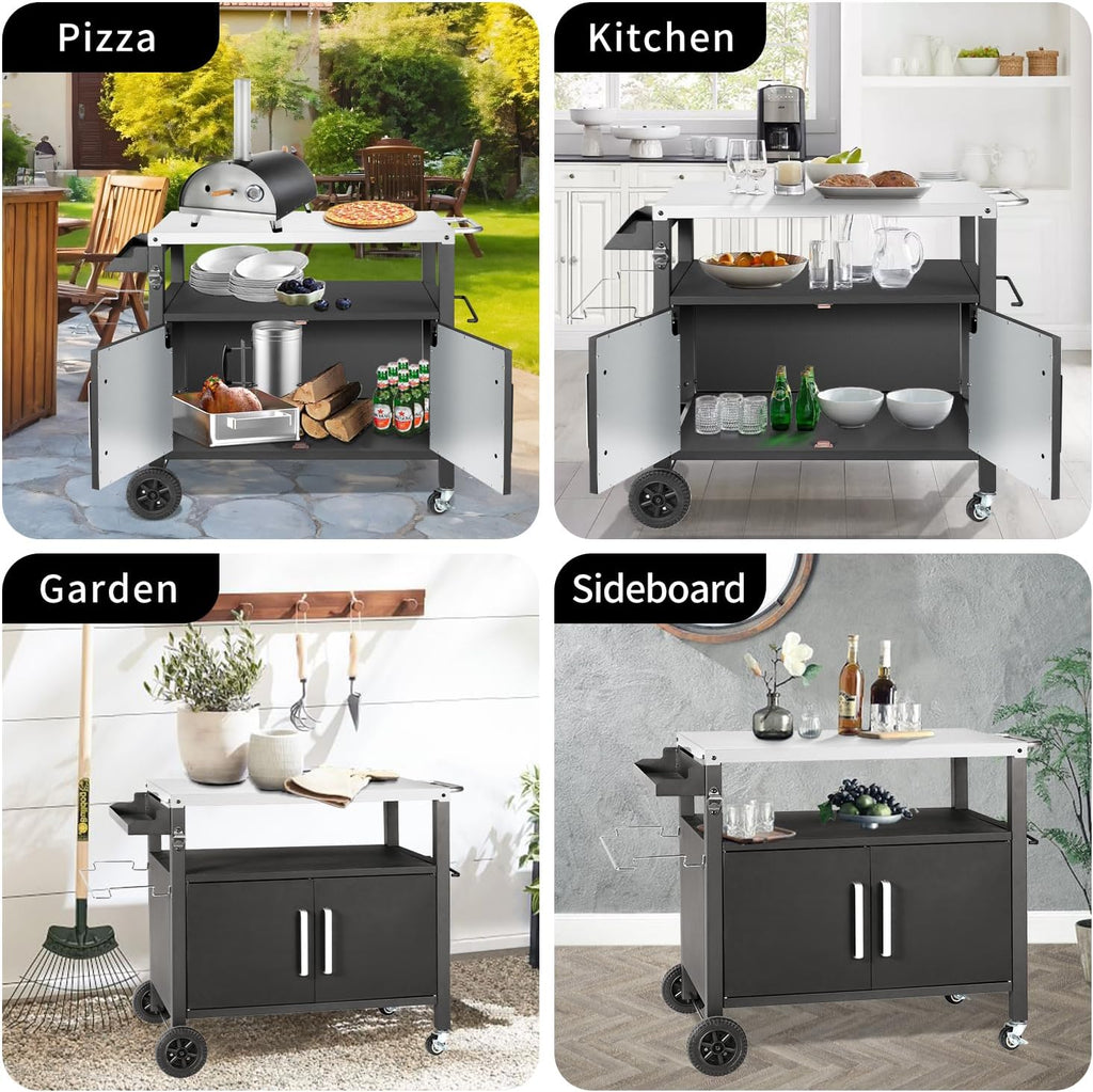 Dining Cart Table with Big Storage Cabinet, Movable Outdoor BBQ Grill Table Pizza Oven Stand, Kitchen Cart Island Multifunctional Food Prep for Inside and Outside