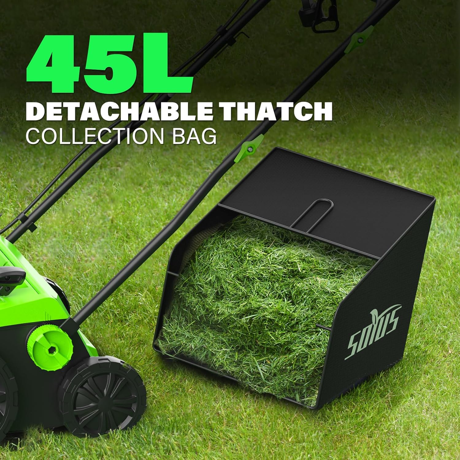SOYUS 15-Inch 13-Amp Electric Dethatcher and Scarifier with 45L Removable Thath Collection Bag, Corded Lawn Dethatcher with 5-Position Depth Adjustment, Quick-Fold, Increases Lawn Health