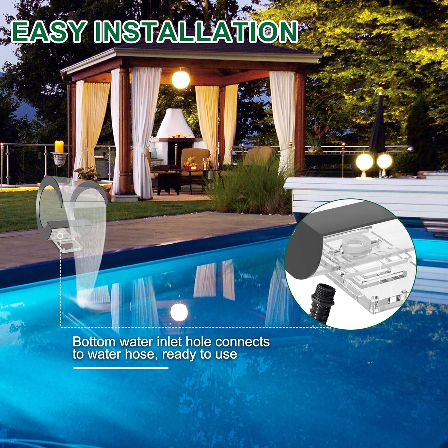 Pool Waterfall Fountain Transparent Acrylic Fountain 15.16'' x 15.16'' x 11.42'' Silver Pool Fountains for Ground Pools Garden Outdoor Waterfalls Sheer Descent Pond Water Feature