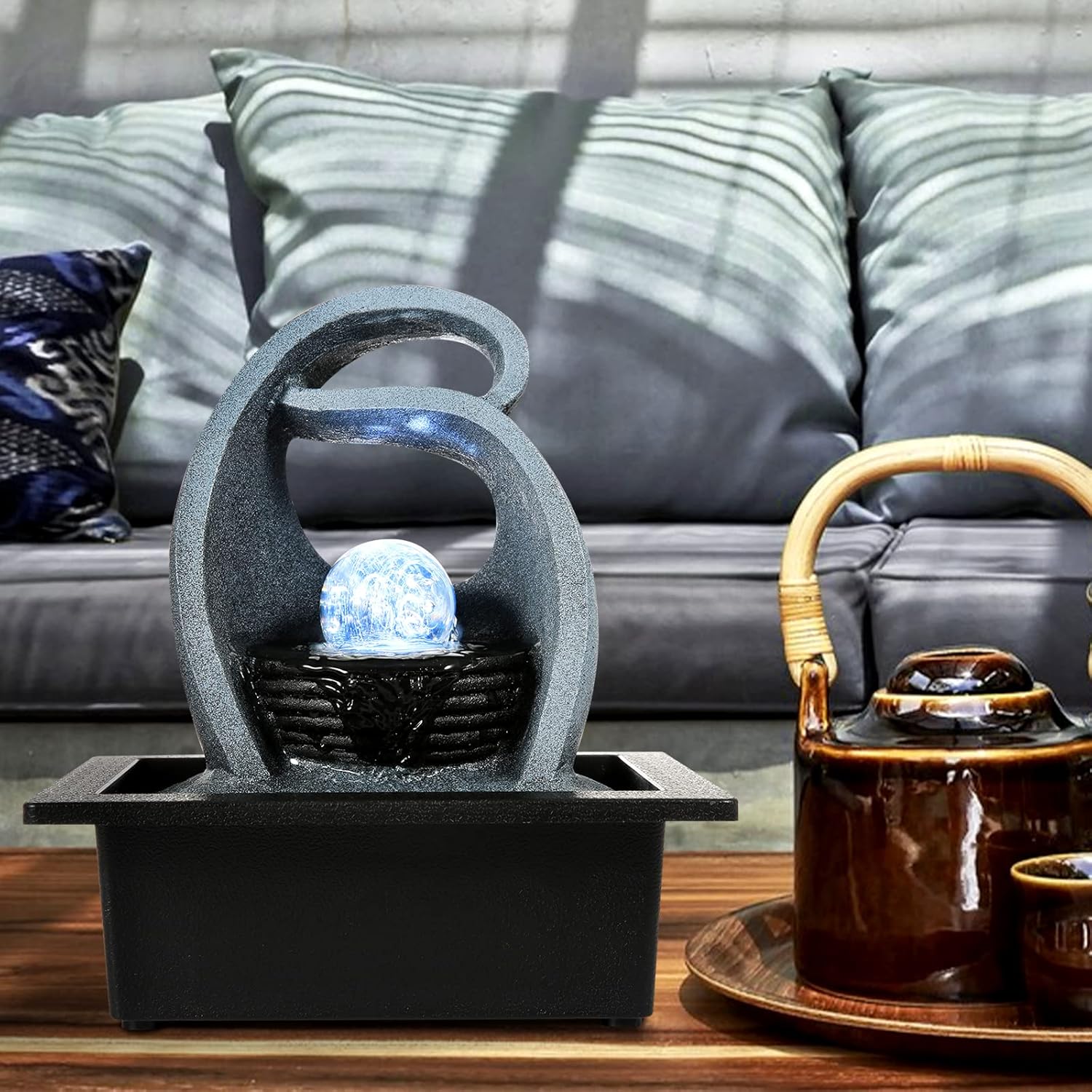 WICHEMI Water Fountains Indoor Waterfall Fountain Tabletop Fountain with LED Rolling Ball Water Feature Indoor Zen Meditation for Home and Office Indoor Spaces Decor (Style 18)