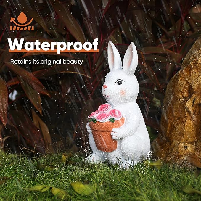 Brightever Solar Powered Outdoor Garden Statues- Rabbit with Flowers and 5 Colorful LED Lights, 11.8IN Outdoor Figurine Lights, Solar Garden Bunny Statue for Easter Decor, Gifts for Mom, Housewarming