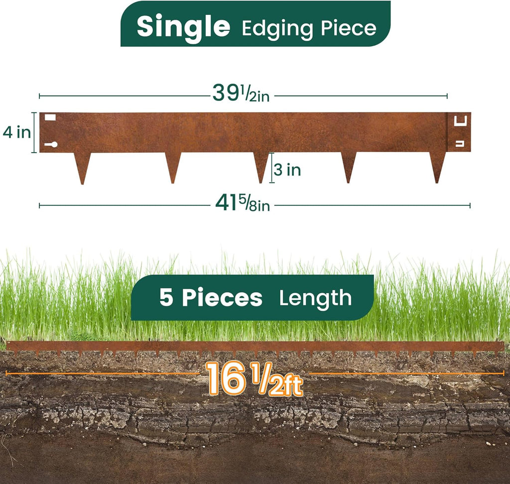 Corten Steel Rust Landscape Edging Border, 5 Pack 42”L x 7”H Weather Resistant Bendable Metal Garden Lawn Edging for Landscaping, Yard Pathway (16.5 Ft Total)