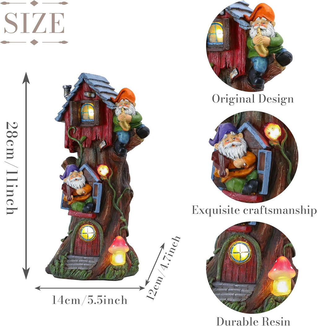 TERESA'S COLLECTIONS 11" Tall Large Garden Statues Gnome Treehouse with Solar Outdoor Light, Garden Sculptures Statues Figurines Resin Garden Decor Lawn Ornaments Patio Yard Decor Gifts for Mom