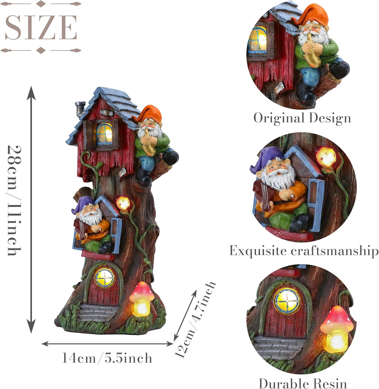 TERESA'S COLLECTIONS 11" Tall Large Garden Statues Gnome Treehouse with Solar Outdoor Light, Garden Sculptures Statues Figurines Resin Garden Decor Lawn Ornaments Patio Yard Decor Gifts for Mom