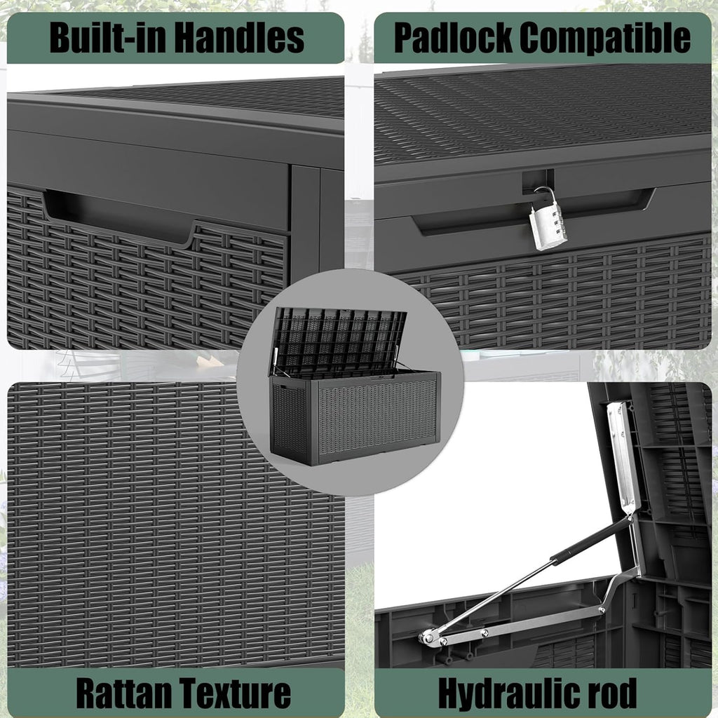 DRATO 100 Gallon Large Deck Box, Outdoor Storage Box for Patio Furniture, Patio Cushions, Gardening Tools, Pool Supplies,660lbs Weight Capacity,Waterproof Resin Storage Boxes