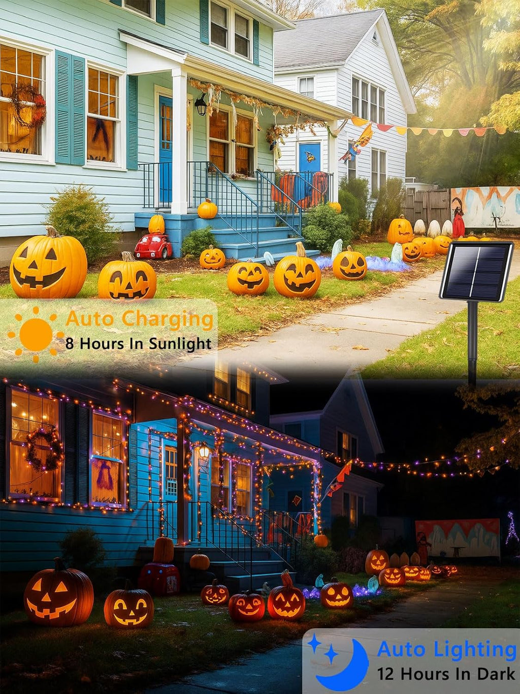 4 Pack 180FT Halloween Solar Lights Outdoor Waterproof, 320LED Orange and Purple Solar String Lights Green Wire 8 Modes, Solar Fairy Twinkle Lights for Halloween Tree Garden Horror Party Decorations