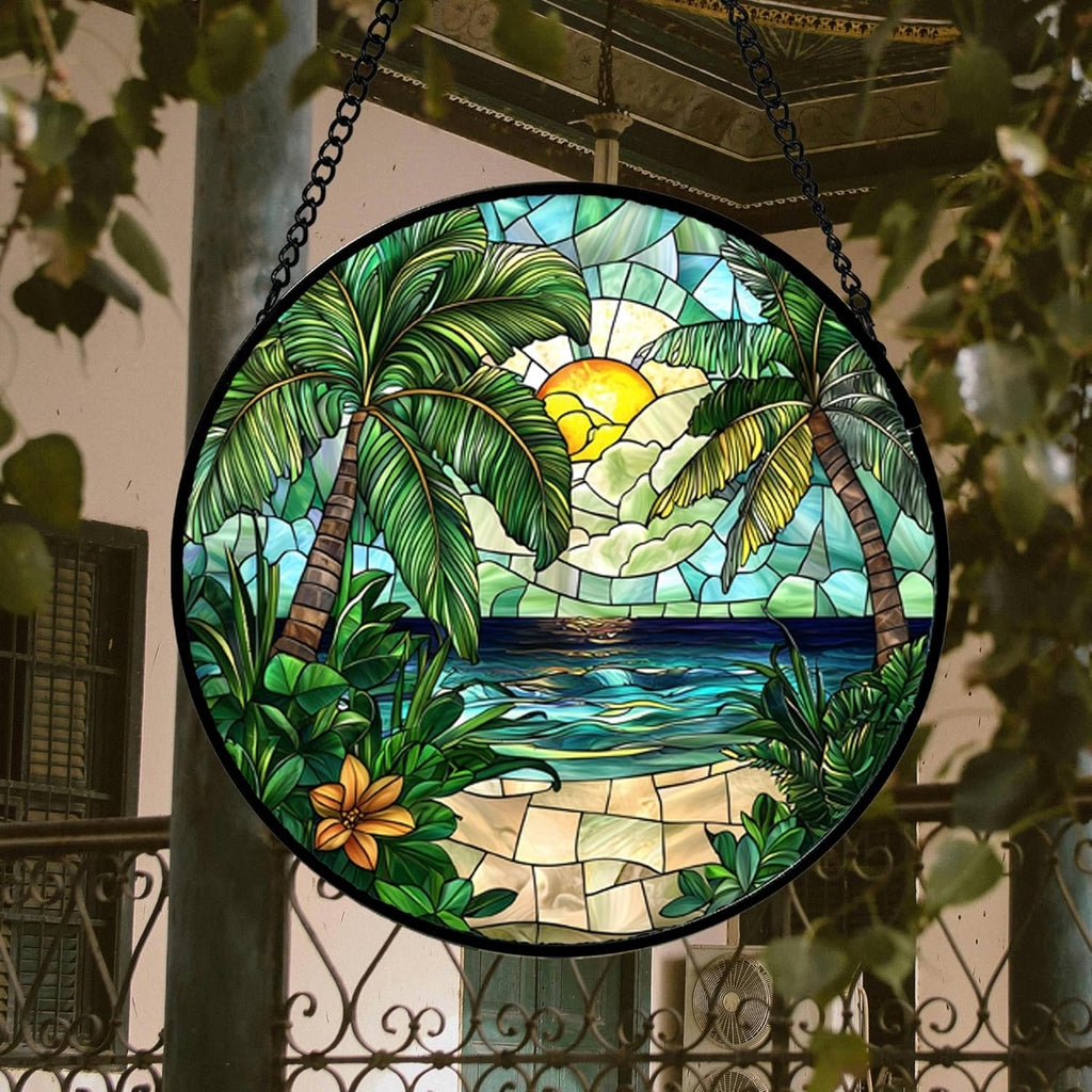 Stained Glass Window Hanging, Green Beach Scenery Suncatcher Diamond Glass Panel Hangings Sun Catchers Decor for Birthday for Women, Men, Wife, Aunt, and Mom 14.9x14.9 in