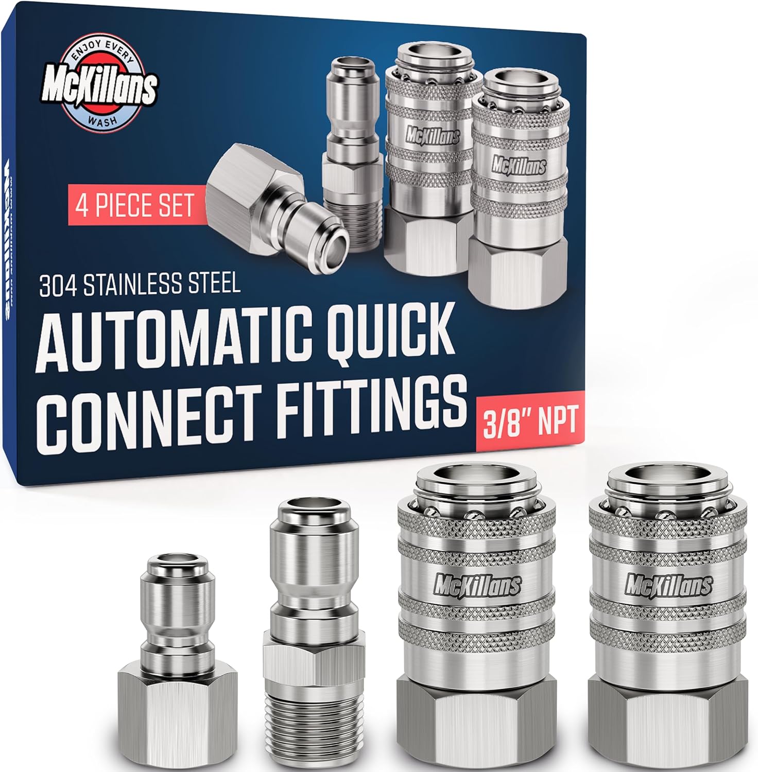 McKillans® 3/8" NPT Automatic Pressure Washer Quick Connect Kit of 4 - Stainless Steel - 3/8" Pressure Washer Quick Connect Fittings - Power Washer NPT 3/8" - PUSH-TO-CONNECT - Upgraded Viton O-Rings