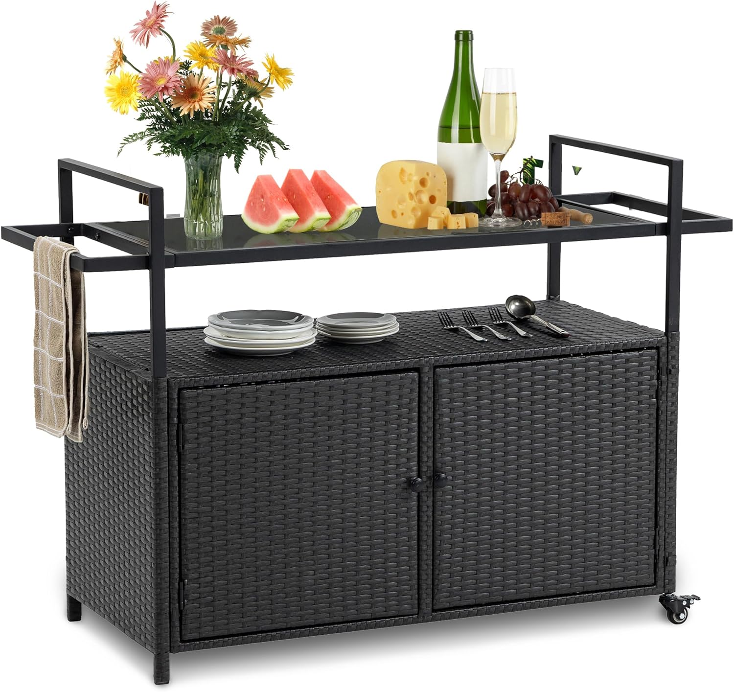 Wicker Outdoor Bar Cart - Black Patio Console Storage Table Buffet Cabinet Serving Kitchen Cart with Wheels for Outside Backyard