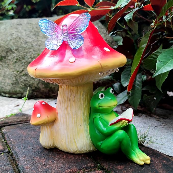 Solar Frog Mushroom Garden Statues,Resin Frog Mushroom Reading a Book Figurine with LED Solar Lights, Lawn Decor Outdoor Statue for Patio,Balcony,Yard,Lawn Ornament