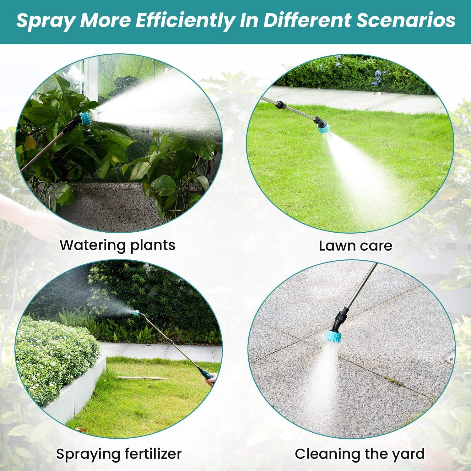 TOOVEM Electric Garden Sprayer with Battery Indicator,23.6inch Battery Powered Sprayer Wand with 16.4FT Hose,Rechargeable and Portable Spray Wand for Yard, Lawn and Garden(3 Nozzles)