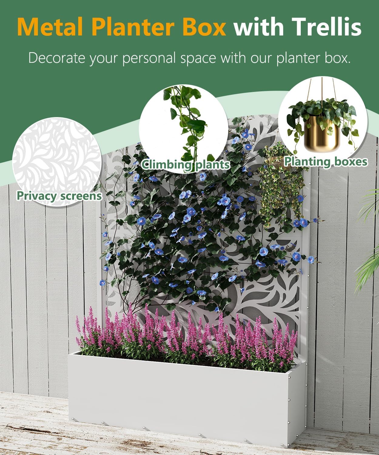 Metal Planter Box with Trellis,70.9"x47.2"x15.7" Raised Garden Bed with Drainage Holes, Privacy Planters for Outdoor Garden Bed for Climbing Plants,Vegetables,and Vines, White-Flower
