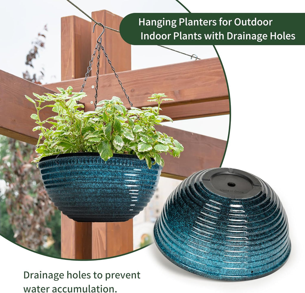 12 inch Hanging Planters for Indoor Outdoor Plants, 2 Pack Large Hanging Flower Pots with Drainage Holes and Chain, Glazed Hanging Baskets for Home Garden Decoration, Blue