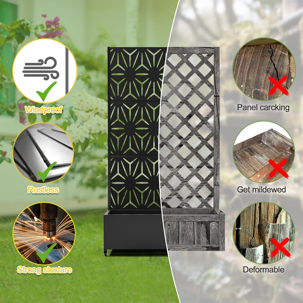 FENCY Metal Raised Garden Bed with Wheels and Trellis,73"x35"x16" Planter Box for Climbing Plants, Vegetables & Vines, Features Privacy Screen and Drainage Holes (Black-Star)