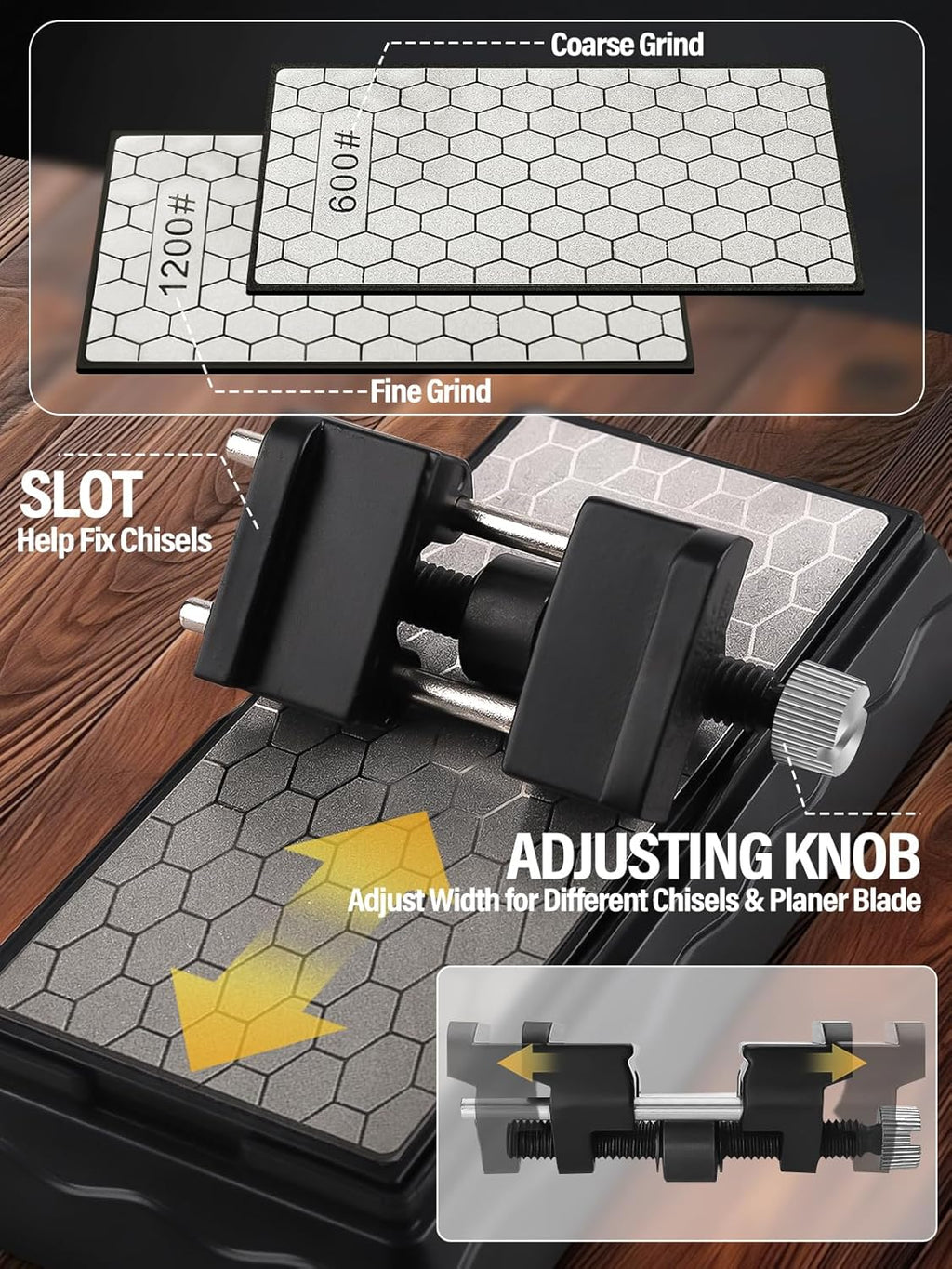 Diamond Sharpening Stones with Honing Guide, Kalolary Knife Sharpener Stone with Non-Slip Base for Chisels Planes Sharpening Stone Set Fine/Coarse Diamond Sharpening Plate with Angle Guide (600/1200)