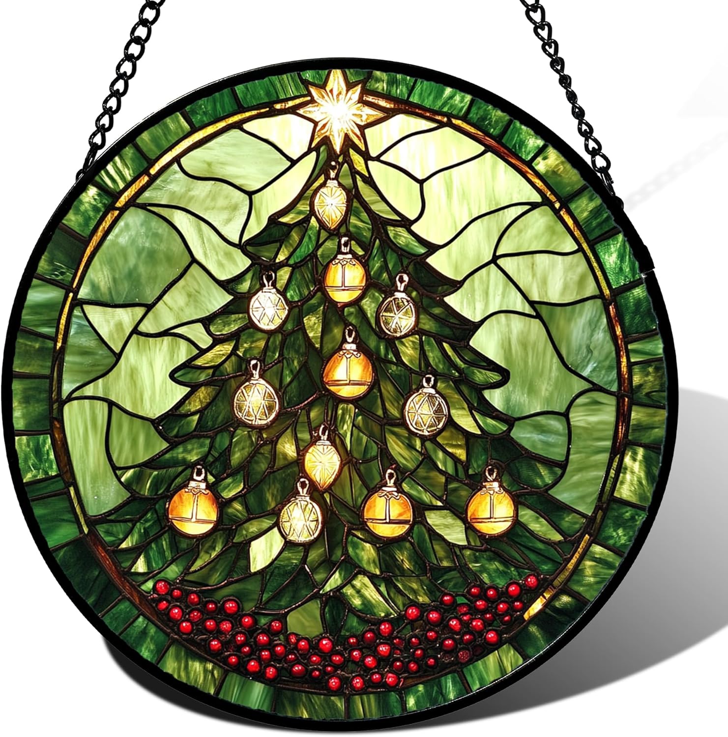 Stained Glass Window Hanging - Green Christmas Tree Golden Bells Suncatcher for Doors Home Christmas Decoration Sun Catcher Thanksgiving New Year Birthday Gift for Women Men Mom Nana 15 in