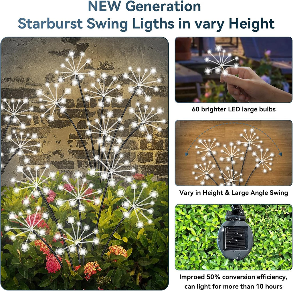 Solar Garden Lights 2 Pack Waterproof Swaying Starburst Light Solar Outdoor Lights for Yard Patio Walkway Pathway Party Wedding Decoration, Unique Gifts for Women, White