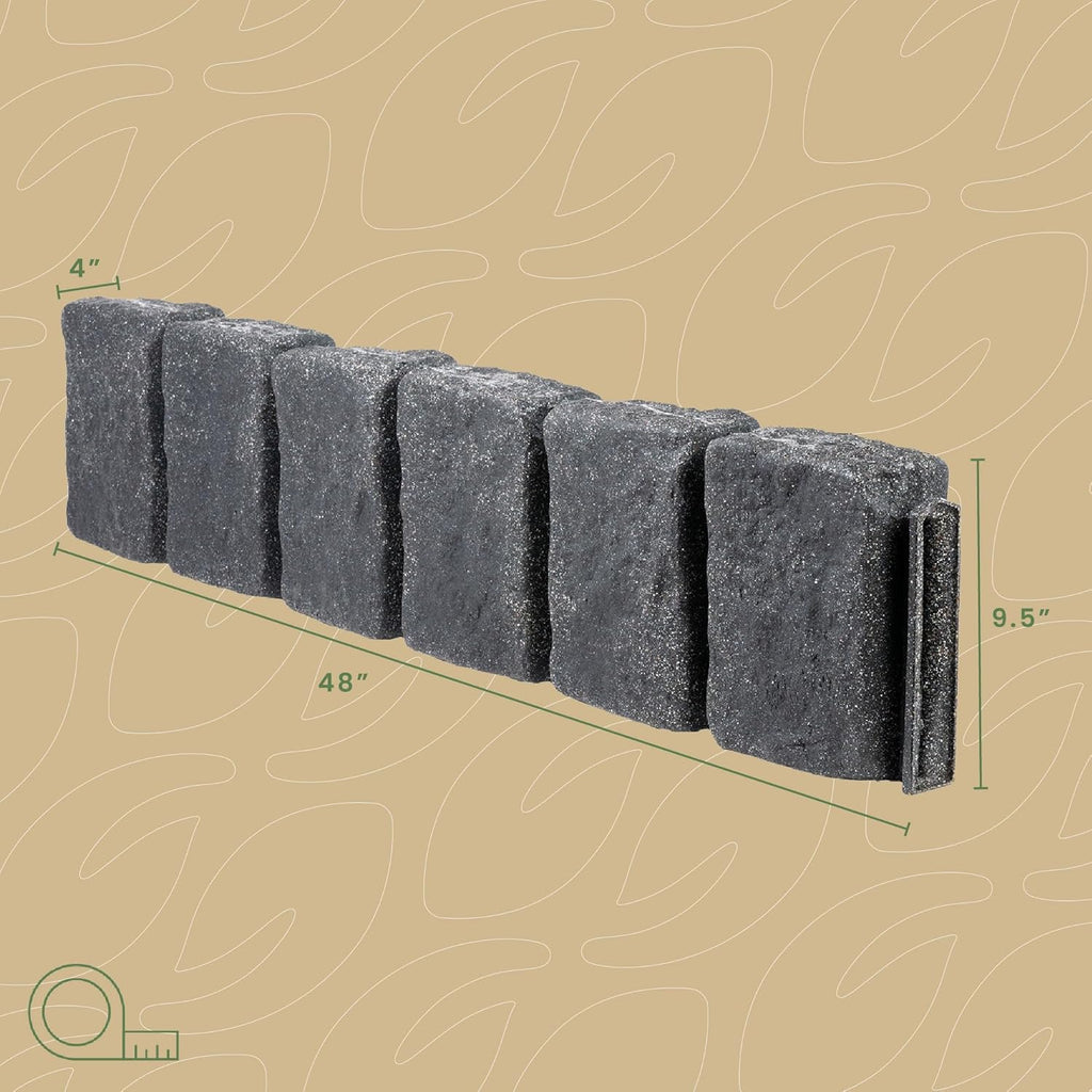 Beuta Landscape Edging | Garden Edging Border | Faux Stone Block XL for Lawn Edging, Flower Beds & Yard Edging – 10 Pack | Each Section Has 6 Blocks 48" L x 4" W x 9.5" H | 30 Spikes | Charcoal