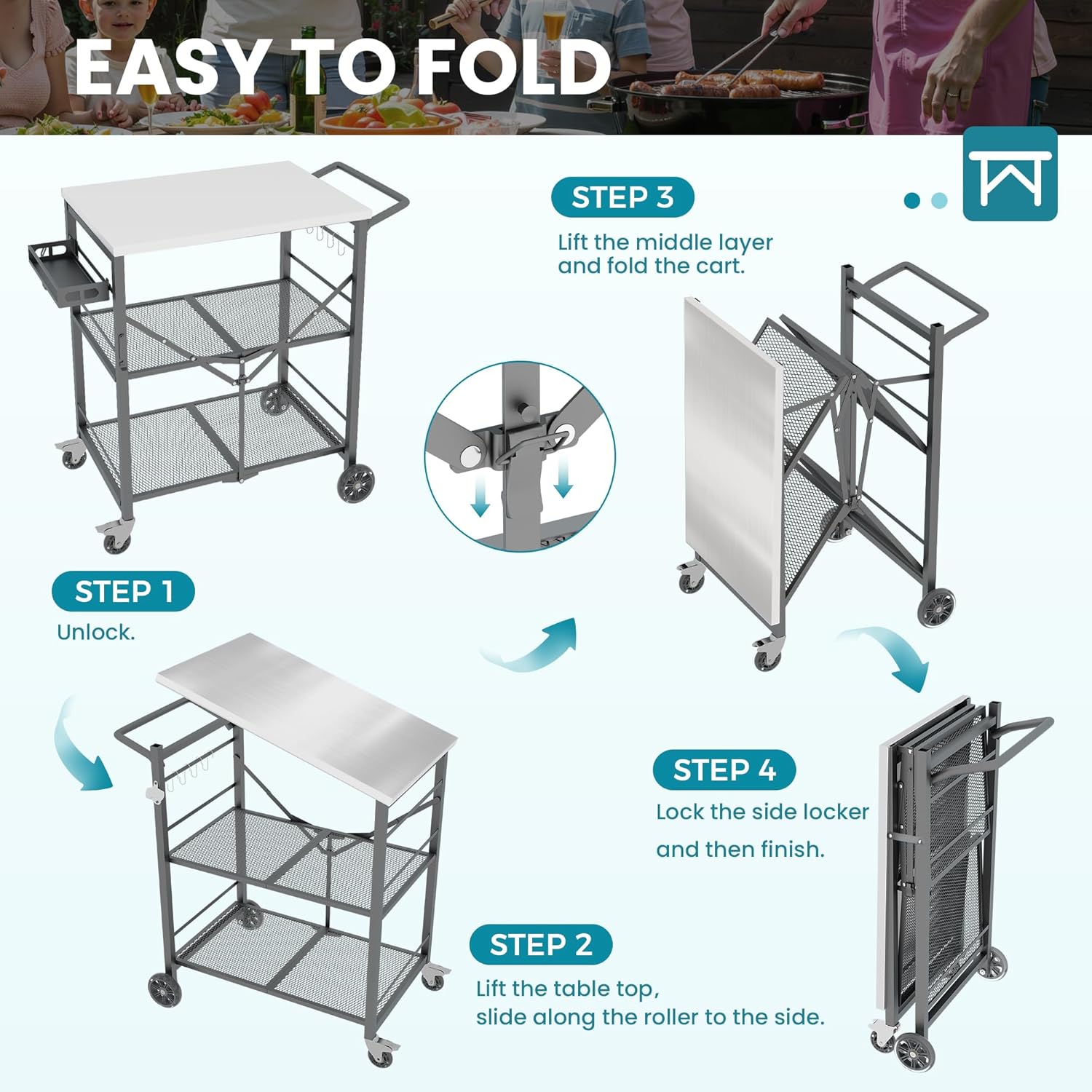 Ciokea Folding Outdoor Grill Cart with Wheels, 3-Shelf Grill Table with 27x18 in Stainless Steel Top, Rolling Pizza Oven Stand, Metal Portable Cart for BBQ Patio Camping (Grey)